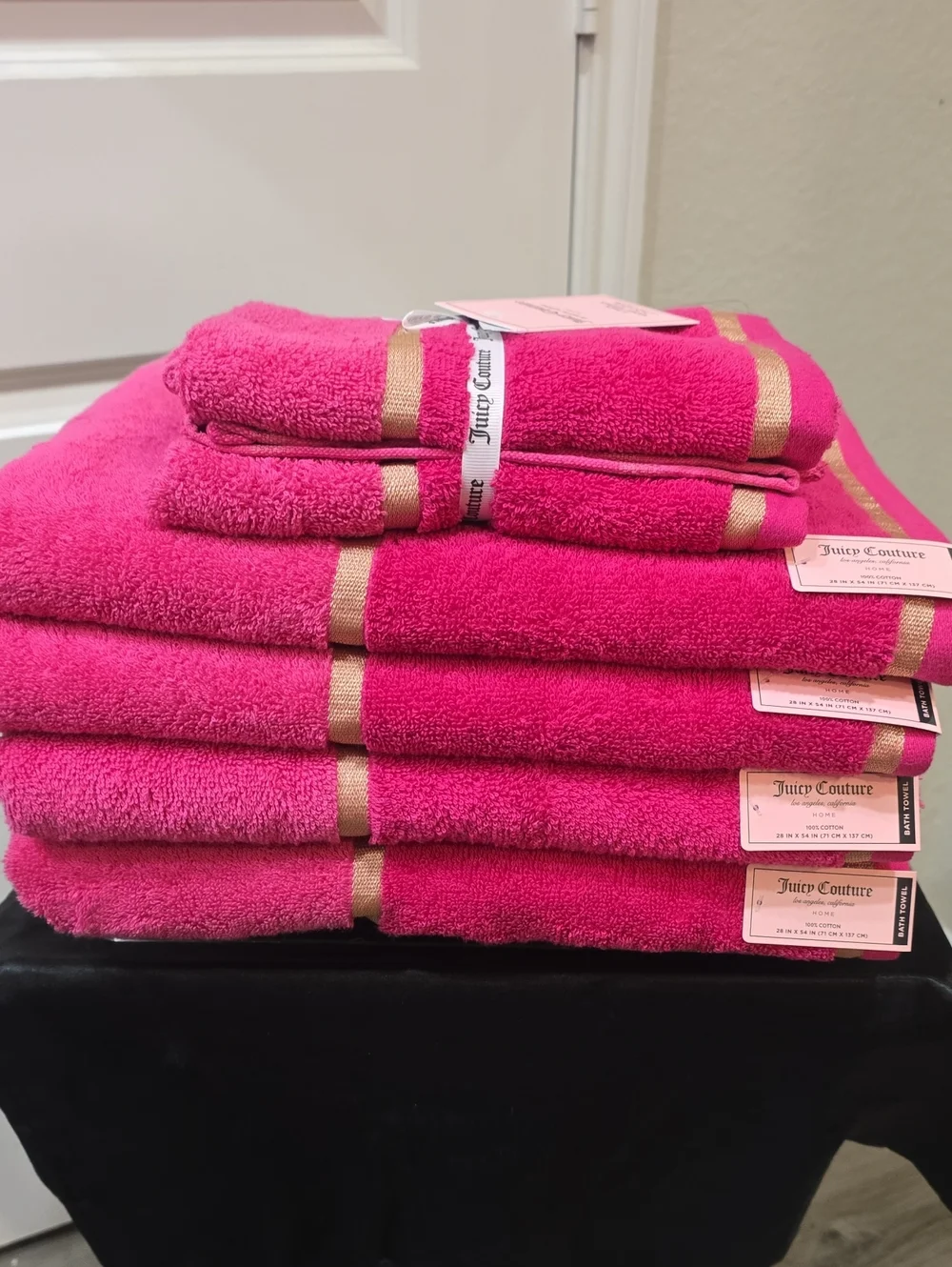 Juicy Couture Home Gold Embroidered Double Stripe Plush Bath & Hand Towel Set